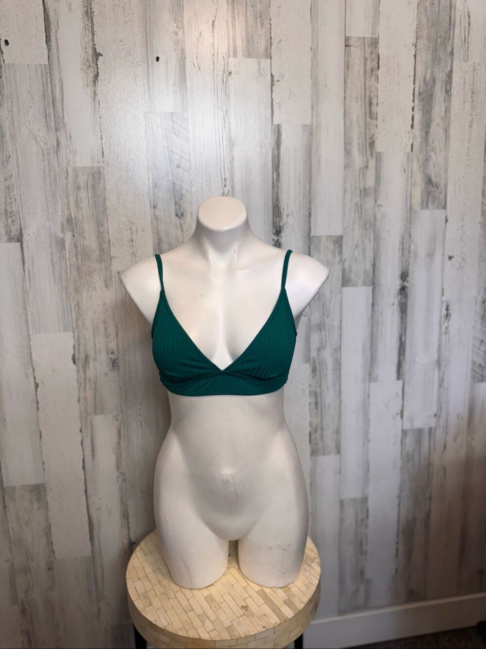 Time and Tru Dark Emerald Green Ribbed Triangle Bikini Swim Top S (4-6)